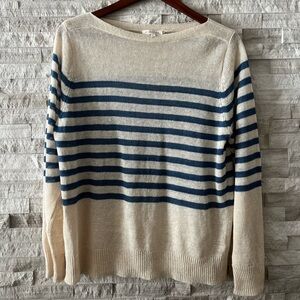 Demylee New York Off-the-Shoulder Cream Knit Sweater with Blue Stripes
